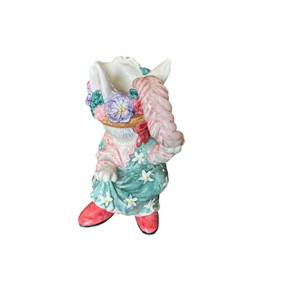 Fitz And Floyd 1995 Ceramic Kitty Figurine With Floral Dress Hat & Basket - Picture 5 of 8